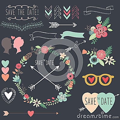 Chalkboard Retro Wedding design elements Vector Illustration