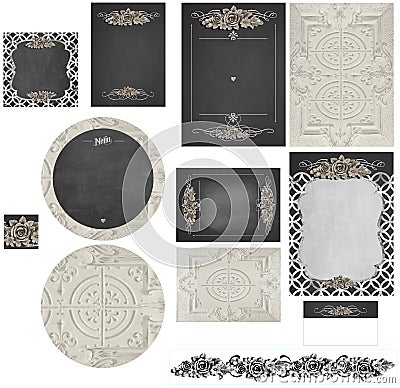 Chalkboard rose lattice and hammered vintage tin wedding invitation set 2 Stock Photo