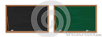 Chalkboard in school. Blackboard with chalk in classroom. Wood black, green boards in class for education. Background, banner for Vector Illustration