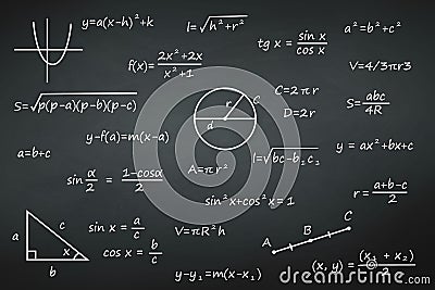 Chalkboard with science mathematics formulas Stock Photo