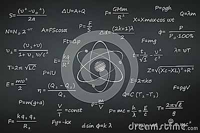 Chalkboard with science Physics formulas Stock Photo