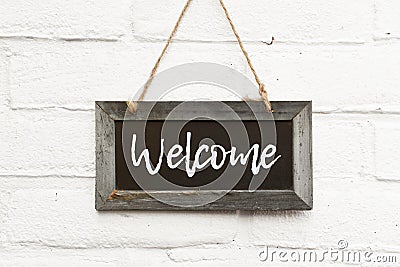 Chalkboard sign text welcome come in Stock Photo