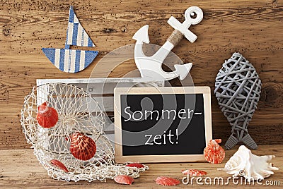 Chalkboard With Summer Decoration, Sommerzeit Means Summertime Stock Photo