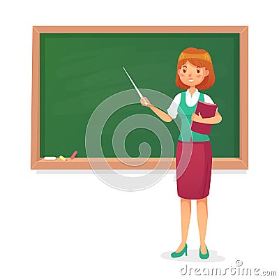 Chalkboard and teacher. Female professor teach at blackboard. Lessons woman teachers at school board cartoon vector Vector Illustration