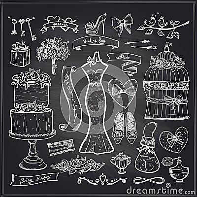 Chalkboard wedding bridal elements set. Vector Illustration