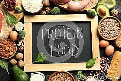 Chalkboard with written text Protein Food among natural products Stock Photo