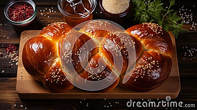 Challah on tray on wooden table, Shabbat. Homemade delicious pastries sunday, top view. AI generated Stock Photo