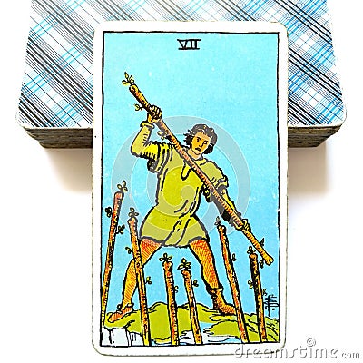 7 Seven of Wands Tarot Card Challenges Opposition Enemies Rivalry Competition Gritty Determination Tenacity Stamina Stock Photo