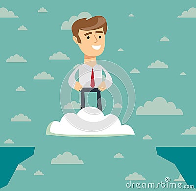 Challenges and success . Businessman Flies over the abyss . Vector Illustration