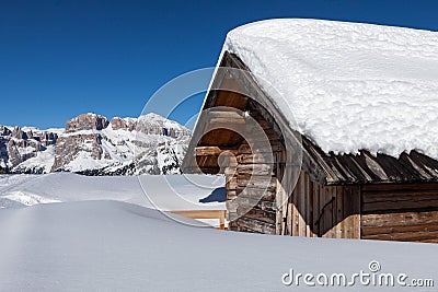 Challet and Sella ronda mountain, Dolomites, europe Stock Photo