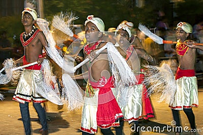 Chamara Dancers perform along the streets of Kandy during the Esala Perahera in Sri Lanka. Editorial Stock Photo