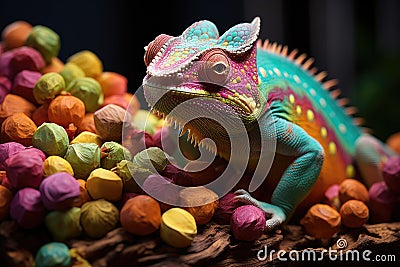Chameleon on a background of multi-colored dragee candies. Candy store, breakfast cereal Stock Photo