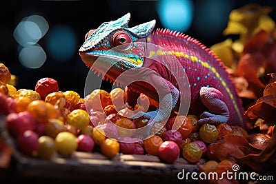 Chameleon on a background of multi-colored dragee candies. Candy store, breakfast cereal Stock Photo