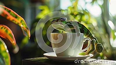 Chameleon blending with coffee cup, bright indoor light, side view, cozy moment , close-up Stock Photo