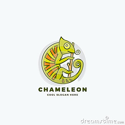 Chameleon on the Branch in a Circle Shape. Abstract Vector Line Style Sign, Emblem or Logo Template. Reptile Symbol. Vector Illustration