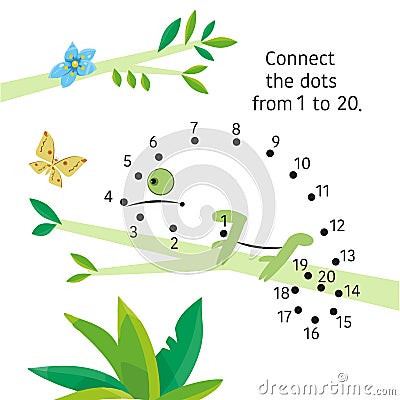 Chameleon on branch. Dot to dot. Connect dots from 1 to 20. Game for children. Vector illustration. Vector Illustration