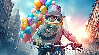 A chameleon is carrying a large bunch of colorful balloons on a bicycle. Stock Photo