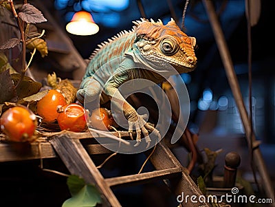 Chameleon changes light bulb on tiny ladder Stock Photo