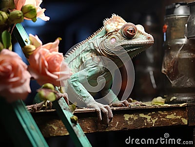 Chameleon cleaning window with tiny ladder Stock Photo