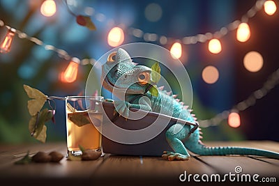 Chameleon Cocktail Party on the Beach with Blurred Palm Trees in Background Stock Photo