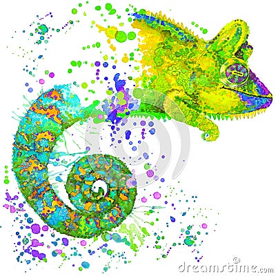 Chameleon illustration with splash watercolor textured background Cartoon Illustration