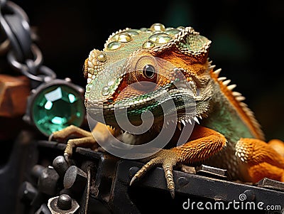 Chameleon with miners helmet on gold ore Stock Photo