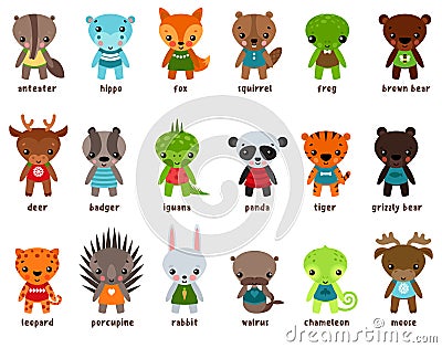 Chameleon and moose, leopard cartoon baby animals Vector Illustration