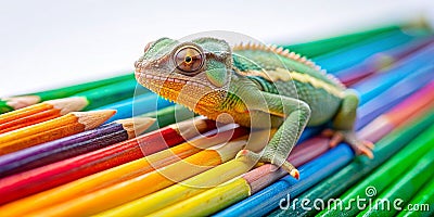 chameleon on multicolor pencils AI Generative Stock Photo