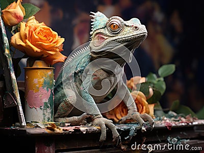 Chameleon painting on ladder with brush Stock Photo