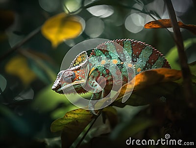 Chameleon's Dance: A Symphony of Colors in the Rainforest Stock Photo