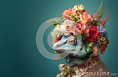 chameleon reptile wearing a crown of floral fresh pastel spring wreath flowers Stock Photo