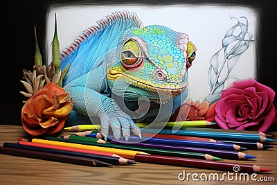 a chameleon resting on a sketchbook with colored pencils around Stock Photo