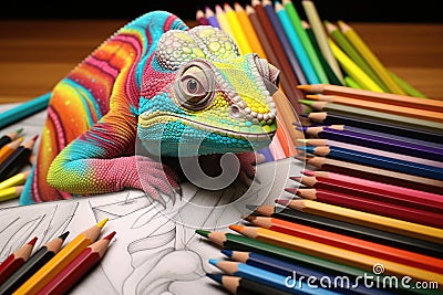 chameleon resting on a sketchpad surrounded by colored pencils Stock Photo