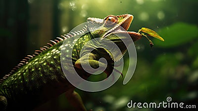 The chameleon shoots its tongue Stock Photo