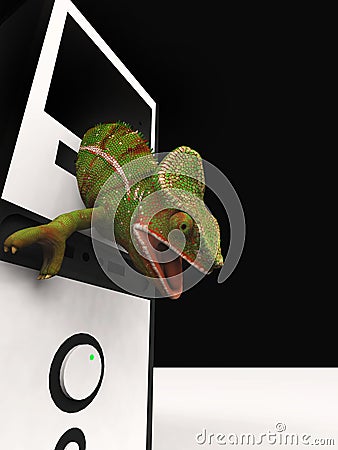Chameleon and slow computer 3d rendering Stock Photo