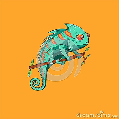 Chameleon vector standing in the stalk of the branch Vector Illustration