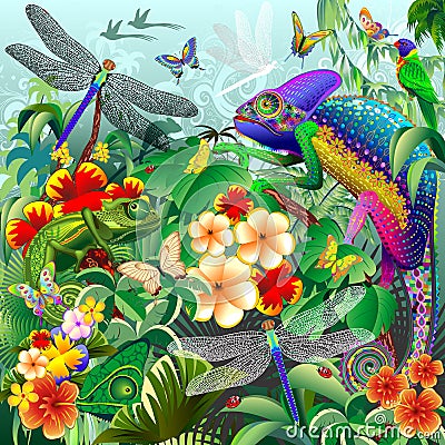 Chameleons Hunting, Dragonflies, Butterflies, Ladybugs Vector Illustration