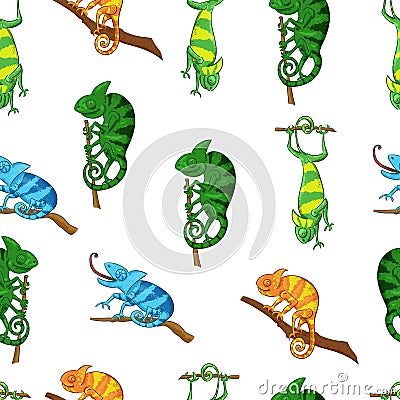 Chameleons seamless pattern in different poses color illustrations Vector Illustration