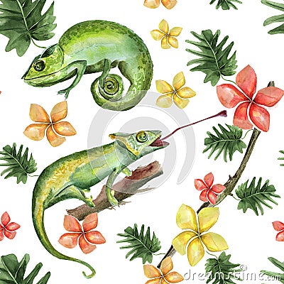 Chameleons in tropical forest watercolor seamless pattern Cartoon Illustration