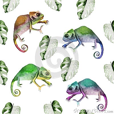 Chameleons among tropical monstera leaves watercolor seamless pattern Cartoon Illustration