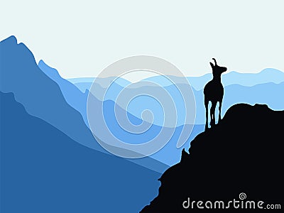 A chamois stands on top of a hill with mountains in the background. Black silhouette with blue background. Vector Illustration