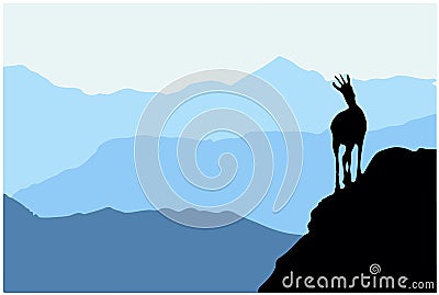 A chamois stands on top of a hill with mountains in the background. Black silhouette with blue background. Vector Illustration