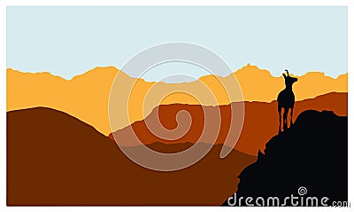A chamois stands on top of a hill with mountains in the background. Black silhouette with brown and orange background. Vector Illustration