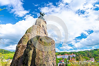 Chamois Statue Socha Kamzika at Deer Jump Jeleni Skok Lookout with Karlovy Vary Stock Photo