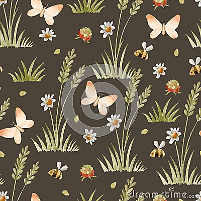 Chamomile and butterfly watercolor seamless pattern on dark background Vector Illustration