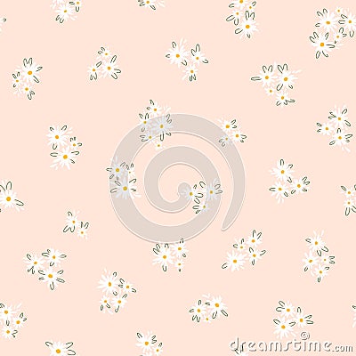 Chamomile floral mille fleur seamless pattern on pink background. Small summer flowers in simple scandinavian cartoon Vector Illustration