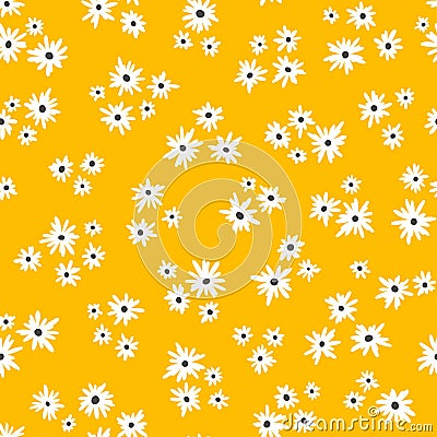 Chamomile floral mille fleur seamless pattern on yellow background. Small summer flowers in simple scandinavian cartoon Vector Illustration