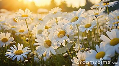 Chamomile flower field. Camomile in the nature. Field of camomiles at sunny day Stock Photo