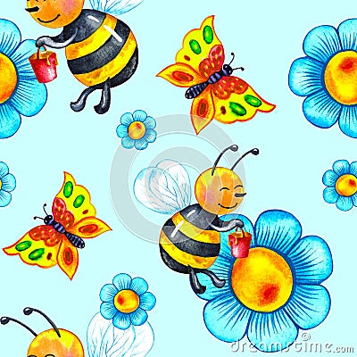 Chamomile flower seamless pattern, cartoon flying bees and butterflies with honey on a blue background. Cartoon Illustration