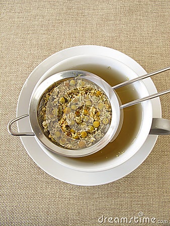 Chamomile flowers tea in tea strainer Stock Photo